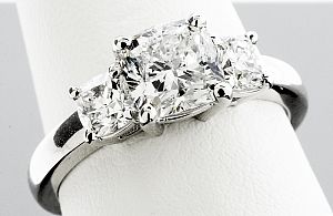 2.16 Carat Three-Stone Cushion Cut Diamond Engagement Ring