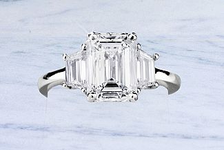 2.86 Carat Three-Stone EMERALD Cut Engagement Ring with TRAPEZOID Diamonds - PLATINUM