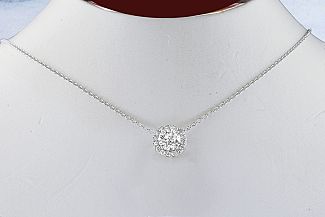 0.91 Carat TW Round Brilliant Diamond Halo Necklace - GIA 