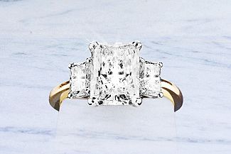 3.30 Carat GIA Elongated RADIANT Cut Diamond - PLATINUM/14K YG Three-Stone Engagement Ring 