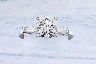 2.30 Carat IDEAL Cut Round Brilliant Diamond Engagement Ring with Tapered Baguettes - PLATINUM 